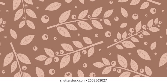 Christmas holly berry seamless pattern mocha mousse color, mistletoe branch, leaf background, winter or autumn plant bg, Xmas foliage print. Trendy colour 2025 year. Holiday nature vector illustration