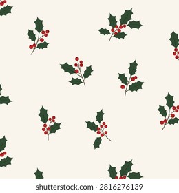 Christmas Holly Berry Seamless Pattern on Cream Background Festive Botanical Winter Design