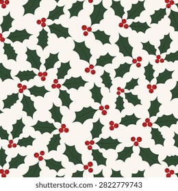 Christmas Holly Berry Seamless Pattern on Cream Background Festive Botanical Winter Design