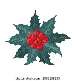 Christmas holly berry set, green leaf, red berry, branches, twigs. Vector winter illustration isolated on white background for Christmas cards and decorative design.