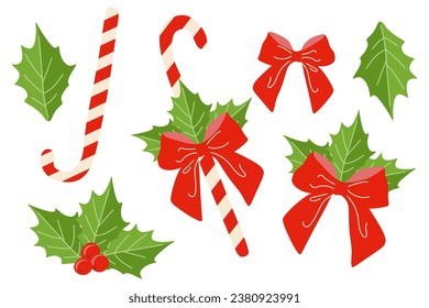 Christmas Holly Berry Set With Ribbon Bow, Leaves, Vector Flat Illustration. Collection of Xmas Decorations and Sweet for Greeting postcard, Wrapping paper, Gift box. Design elements isolated on white