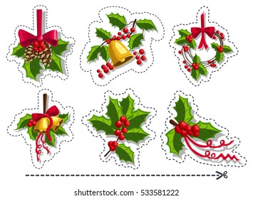 Christmas holly berry sticker set. Vector on white background.