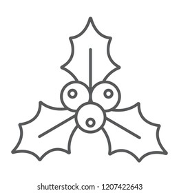 Christmas holly berry thin line icon, xmas and winter, plant sign, vector graphics, a linear pattern on a white background, eps 10.