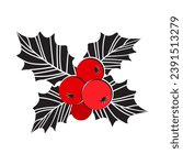 Christmas holly berry vector icon, mistletoe and leaf, red and black ilex branch, xmas plant isolated on white background. Cartoon holiday illustration