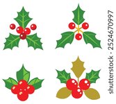 Christmas holly berry vector icon, featuring mistletoe and leaves, red ilex branch. Cartoon holiday illustration isolated on a white background