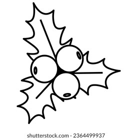 Christmas Holly berry vector icon isolated on white background. Symbol of berries with leaves. Vector floral element for greeting card and invitation design. Black white line illustration.