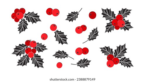 Christmas holly berry vector icon, mistletoe and leaf, ilex branch, xmas plant isolated on white background. Cartoon holiday illustration