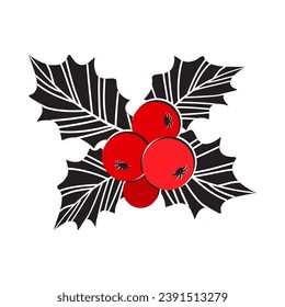 Christmas holly berry vector icon, mistletoe and leaf, red and black ilex branch, xmas plant isolated on white background. Cartoon holiday illustration