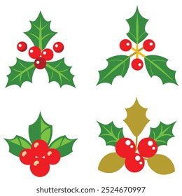 Christmas holly berry vector icon, featuring mistletoe and leaves, red ilex branch. Cartoon holiday illustration isolated on a white background