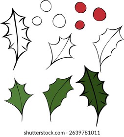 Christmas holly berry vector icon, mistletoe and leaf, red ilex branch isolated on transparent background. Vector graphic line ink illustration. For poster, invitation, backdrop, ad, sale promotion
