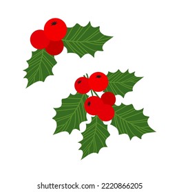 Weihnachtsbeerensatz, Mistelwein und Blattsymbol, Ilex-Ast, Weihnachtsmütze einzeln auf weißem Hintergrund. Urlaubsgrafik
