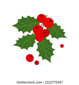 Christmas holly berry vector set, mistletoe and leaf, ilex branch icon, cartoon xmas plant isolated on white background. Holiday illustration