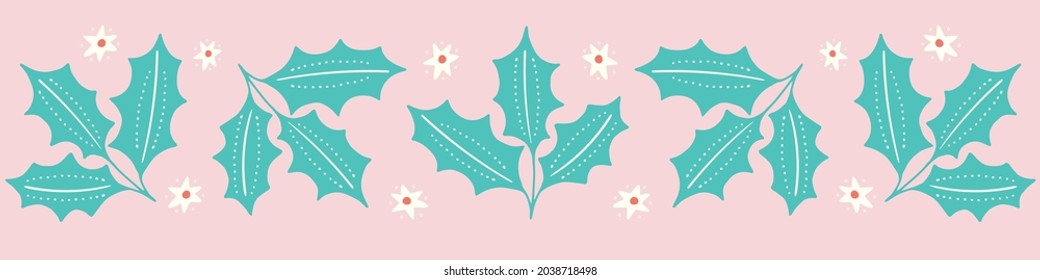 Christmas holly border background. Seasonal vector illustration of xmas foliage and stars. Cute design banner element in green, pink and cream.