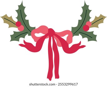 Christmas holly border – frame with Red ribbon Bow and floral elements. Vintage frame perfect for Christmas card.