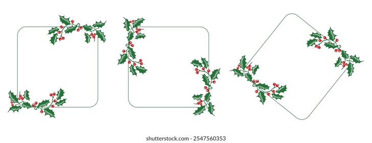 Quadros botânicos de Natal. Borda de ilustração plana com folhas verdes e bagas vermelhas no fundo branco. Linha verde quadrada com coroa de flores. Imagem vetorial.