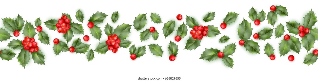 Christmas holly branch with berry seamless border. Happy New Year card object. And also includes EPS 10 vector