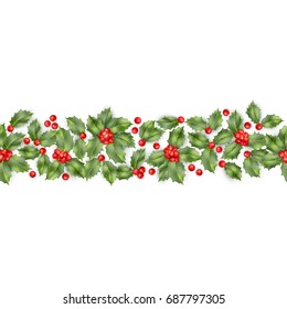 Christmas holly branch with berry seamless border. Happy New Year card object. And also includes EPS 10 vector