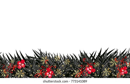 Christmas holly branch with berry seamless border. Happy New Year card object. And also includes EPS 10 vector