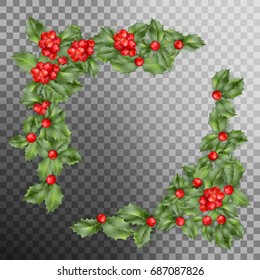 Christmas holly branch corner with berry on transparent background. Happy New Year card. And also includes EPS 10 vector