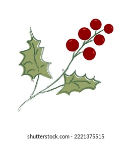 Christmas holly branch in red, green and white colors. Holiday decoration template. Isolated on white background.