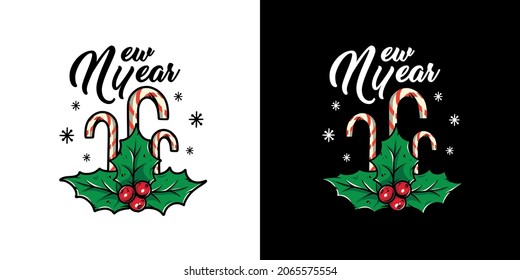 Christmas holly and candy cane for the new year. Winter design berry and lollipop for merry christmas holiday