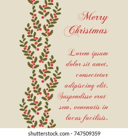 Christmas holly card. Seamless vertical pattern.