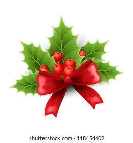 Christmas holly decoration with red ribbon 