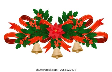 Christmas holly decoration with satin ribbons, poinsettia flower, red berries, gold bells isolated on white. Vector christmas traditional holiday ornament element for design banner, invitation, card