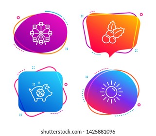 Christmas holly, Ferris wheel and Piggy sale icons simple set. Sun sign. Ilex aquifolium, Attraction park, Discounts. Summer. Holidays set. Speech bubble christmas holly icon. Vector