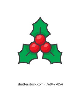 Christmas holly flat line colored icon.