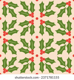 Christmas holly flowers, modern seamless pattern design. Hand drawn vector holiday illustration for wrapping, fabric, surface