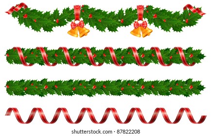 Christmas holly garland with bell and ribbon, vector illustration