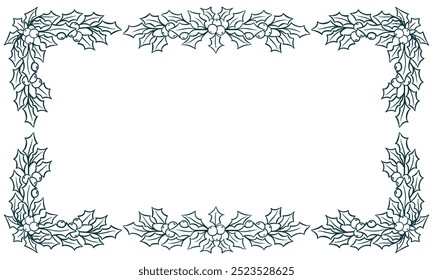 Christmas holly garland frame. Modern border for winter holidays invitation card, poster, banner, greeting card, postcard, packaging, print. Vector illustration.