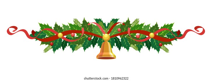 Christmas holly garland. Vector frame, border, decoration for holiday cards, invitations, banners. Holly leaves and berries isolated on a white background. Christmas ornament. X-mas display