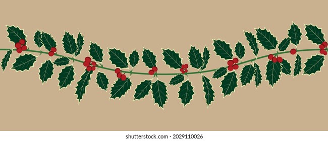 Christmas holly garland. Vector xmas design element. Seamless border frame with green leaves and red berries. Christmas banner.