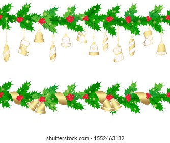 Christmas holly garlands set. A collection of two decorated garlands. Seamless color vector isolated on white background.