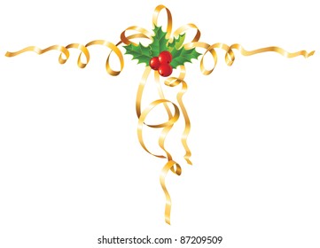 Christmas Holly with gold ribbon / vector