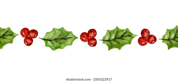 Christmas holly green leaves and red berries seamless pattern border ribbon design watercolor vector