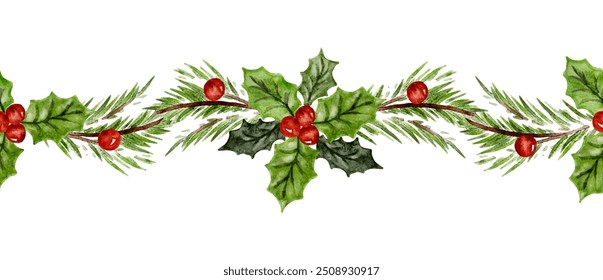 Christmas holly green leaves and red berries, fir tree twig seamless pattern border ribbon design watercolor vector