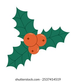 Christmas holly green leaves and red berries. Flat vector isolated illustration