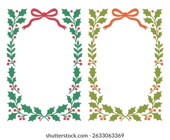 Christmas holly leaf border with red and orange ribbon on white background