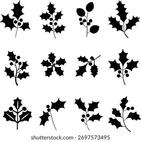 Christmas Holly Leaf Icon Set – Black Silhouette Vector Collection