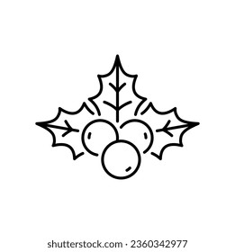 Christmas holly leaf line icon. New Year holiday minimal sign, Christmas celebration or winter season festive thin line vector symbol or outline icon with holiday plant decoration