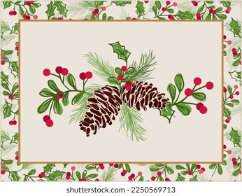 Christmas Holly leafs, Mistletoe, Pine cone and Berries. Christmas Table Placemat Design- Christmas Vector Design