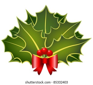 The christmas holly leafs with red bow and berries