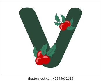 Christmas Holly Leaves and Berries Alphabet Letter V Illustration