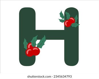 Christmas Holly Leaves and Berries Alphabet Letter H Illustration