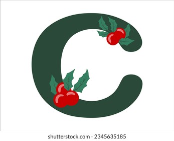 Christmas Holly Leaves and Berries Alphabet Letter C Illustration