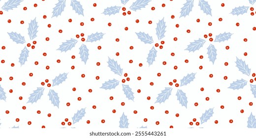 Christmas holly leaves with berries seamless pattern for wrapping paper, festive design. Simple cute winter holiday season background. Flat modern vector texture.