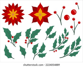 Christmas Holly Leaves with Flowers Illustration Set